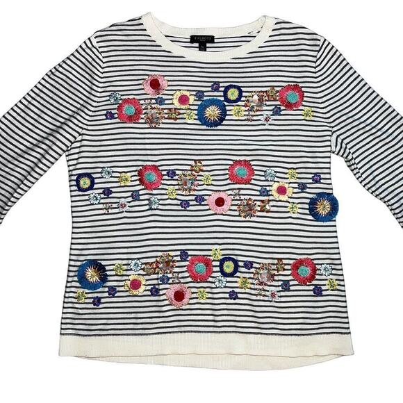 Talbots Petites Striped Embroidered Beaded Sweater 3D Flowers Size S Petite - Picture 1 of 14